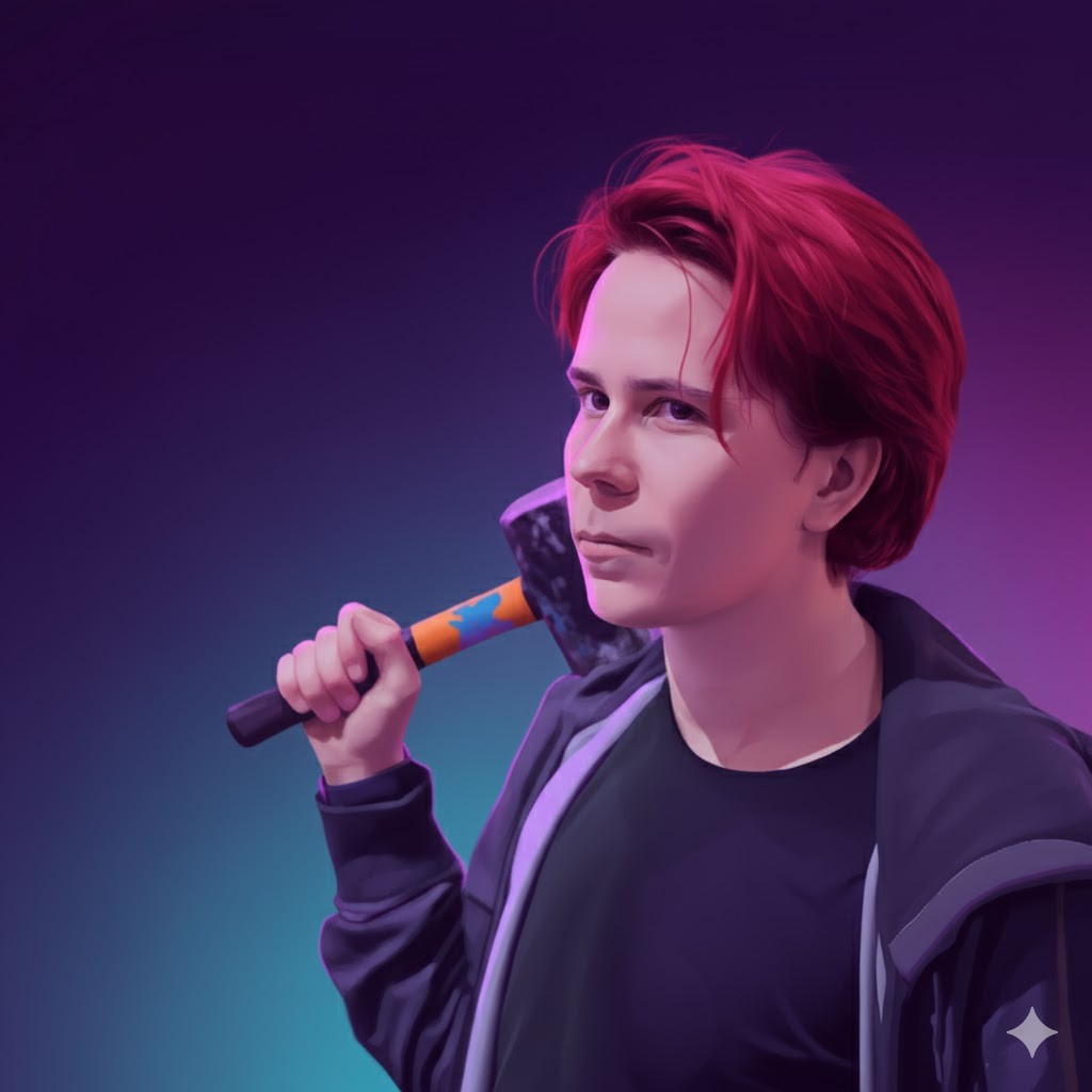 Portrait of Denis Semenov holding a hammer